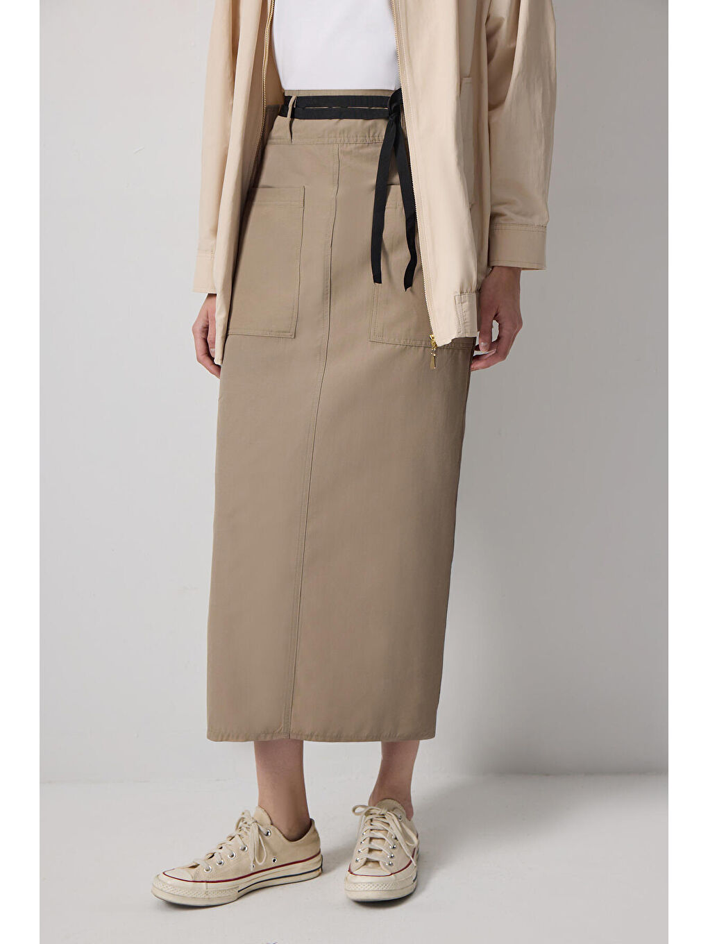 Bej Geniş Cepli Etek-2