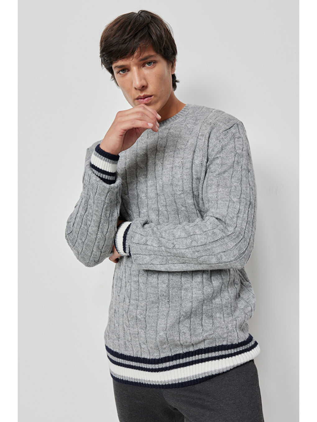 Erkek Gri Slim Fit  Normal Kesim Bisiklet Yaka Triko-4