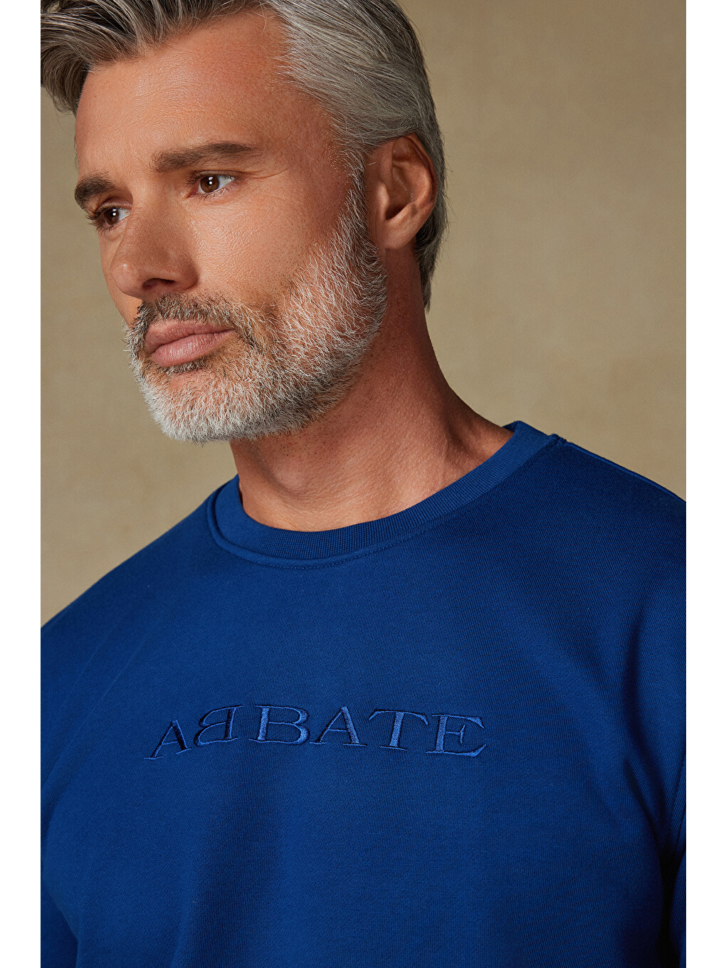 Mavi Sweatshirt Örme Kumaş Pamuklu Comfort Fit Saks Bisiklet Yaka Erkek Nakışlı Sweatshirt-1