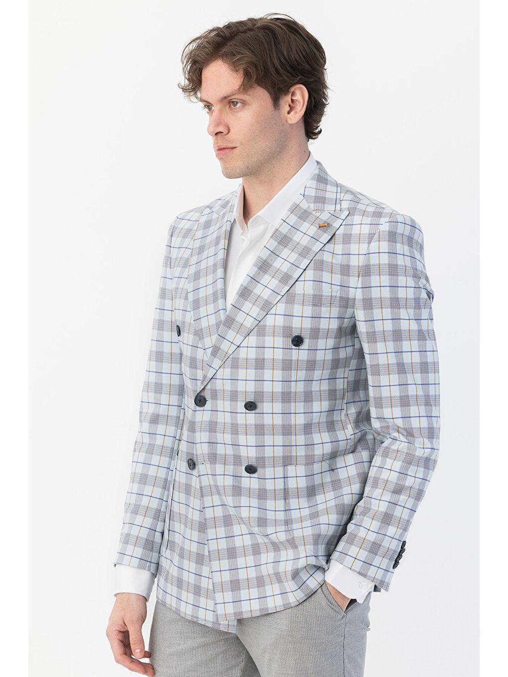 Giotelli Mavi Regular Fit Sivri Yaka Kruvaze Ekose Casual Ceket-4