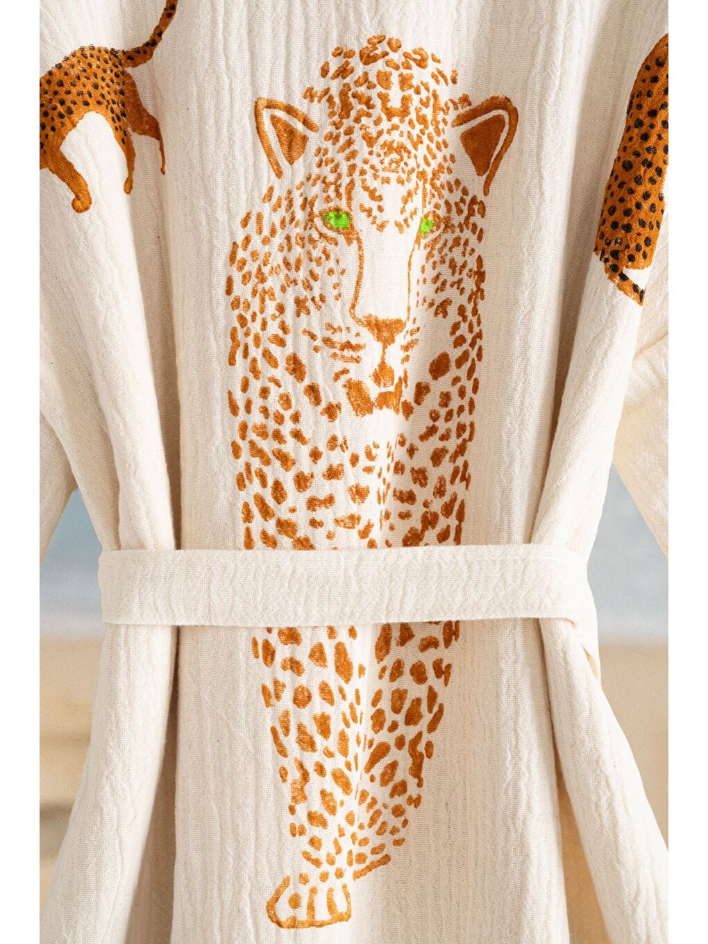 Ekru Organik %100 Pamuk Kimono Yaka Sabalık Bornoz Plaj Elbisesi - Leopar-1