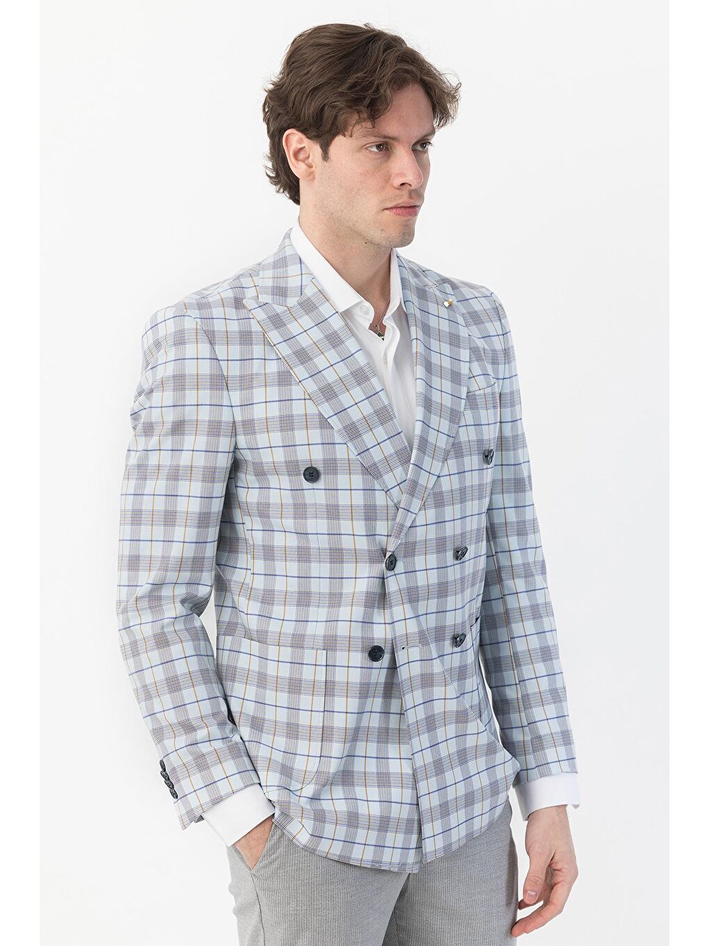 Giotelli Mavi Regular Fit Sivri Yaka Kruvaze Ekose Casual Ceket-5