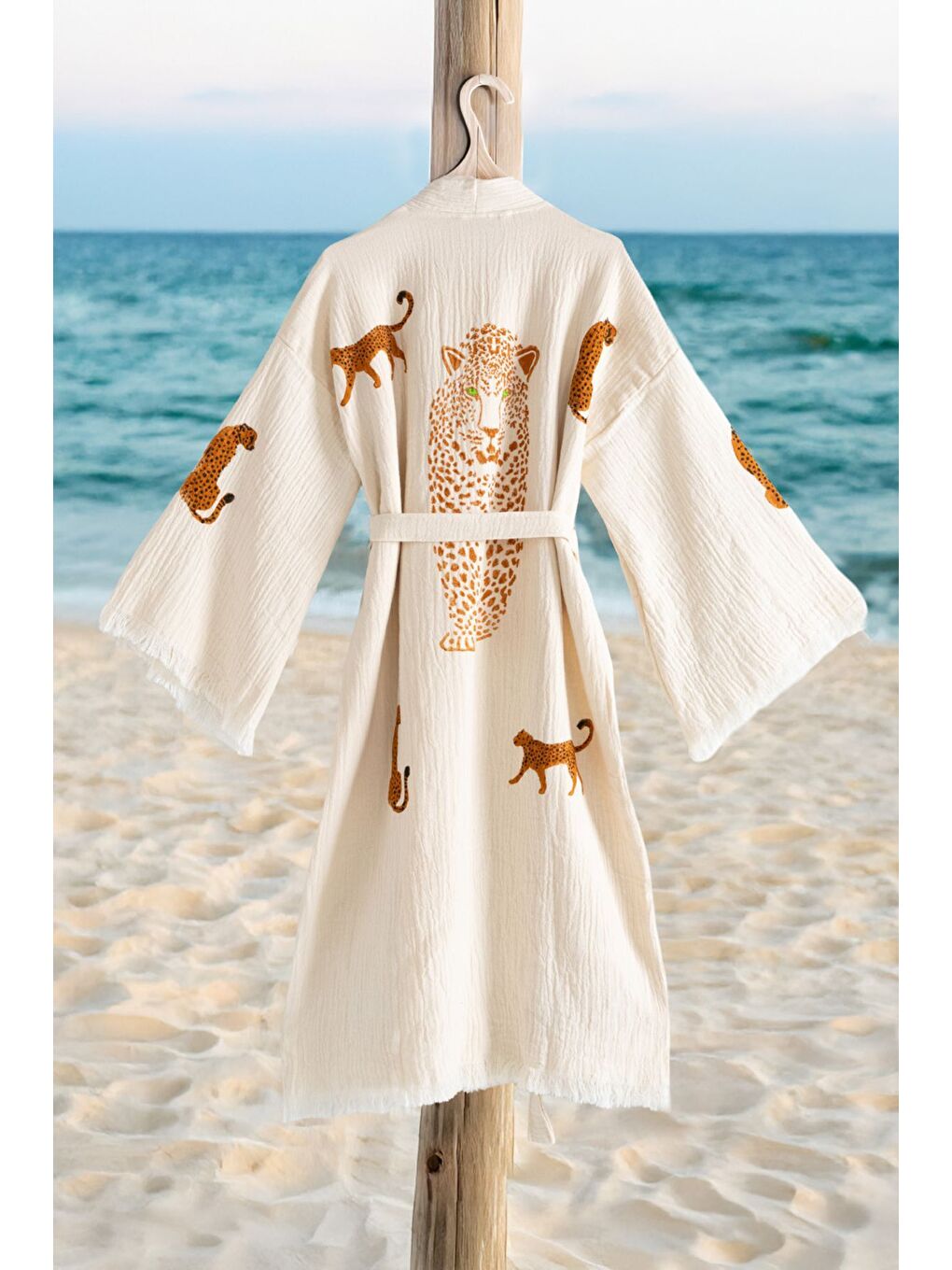 Ekru Organik %100 Pamuk Kimono Yaka Sabalık Bornoz Plaj Elbisesi - Leopar-2