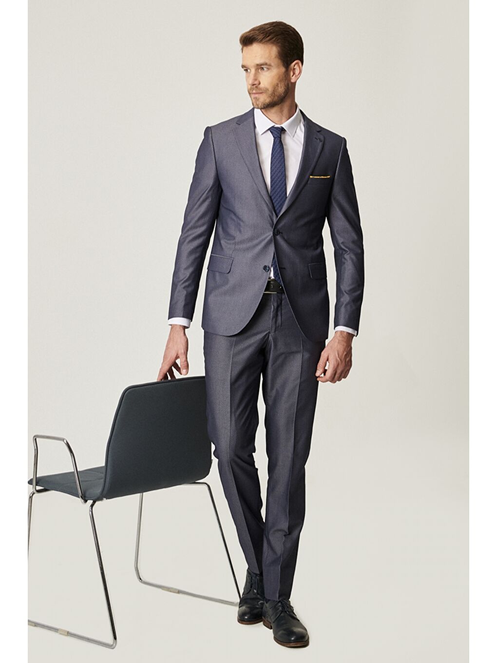 Erkek Lacivert Ekstra Slim Fit Su Geçirmez Nano Takım Elbise-4