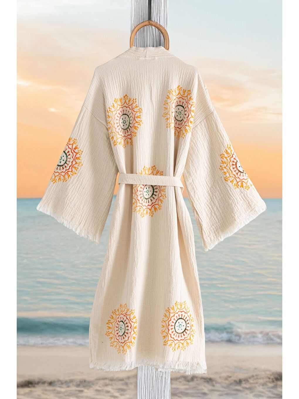 Ekru Organik %100 Pamuk Kimono Yaka Sabalık Bornoz Plaj Elbisesi - Lemura-1