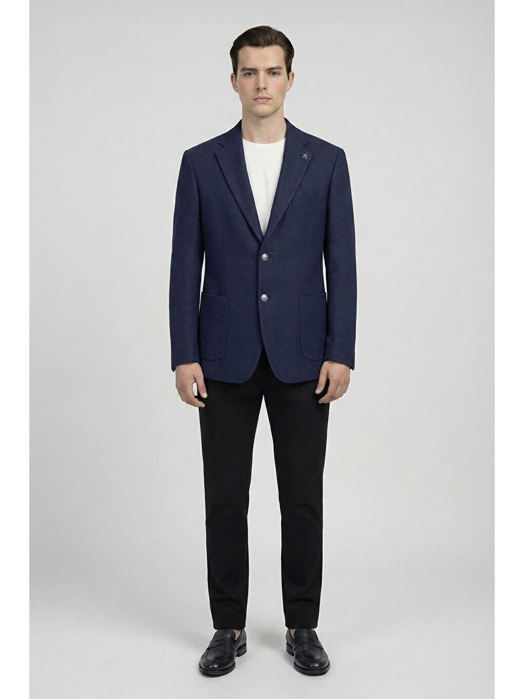 Lacivert Slim Fit Yün Karışımlı Mono Yaka Desenli Erkek Ceket-1