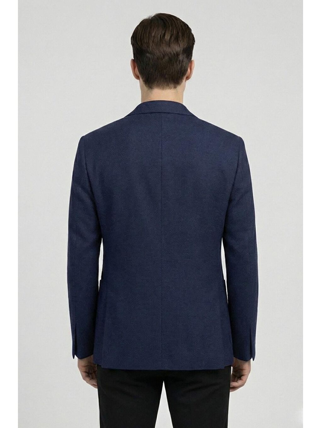 Lacivert Slim Fit Yün Karışımlı Mono Yaka Desenli Erkek Ceket-2