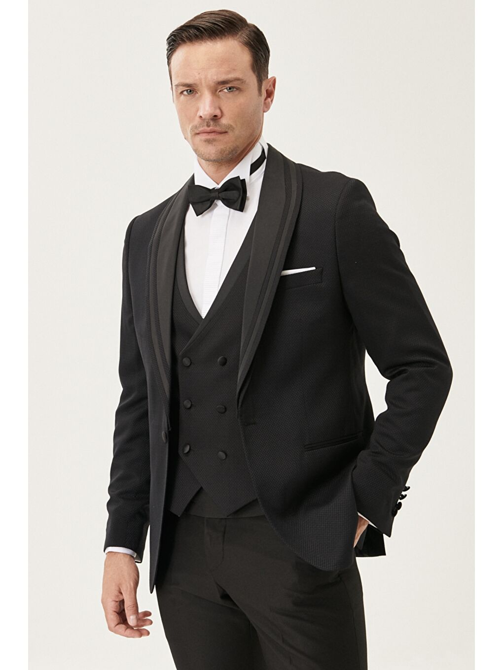 Erkek Siyah Slim Fit Dar Kesim Şal Yaka Desenli Yelekli Klasik Damatlık Smokin