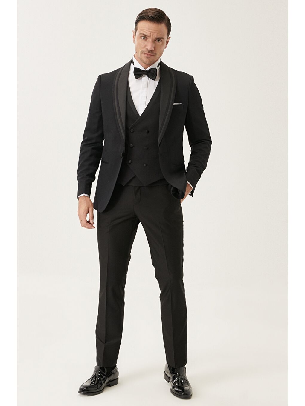 Erkek Siyah Slim Fit Dar Kesim Şal Yaka Desenli Yelekli Klasik Damatlık Smokin-1