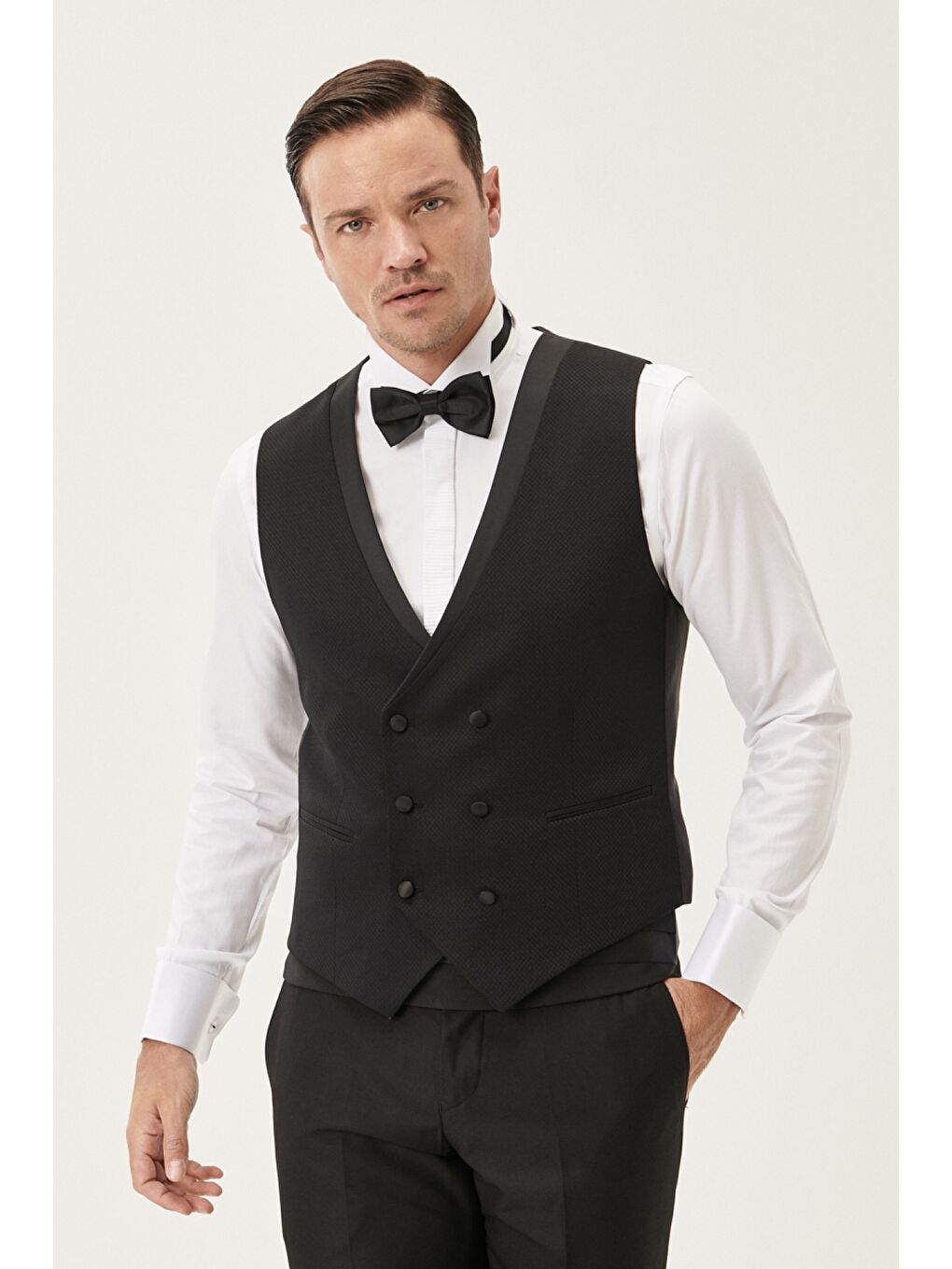 Erkek Siyah Slim Fit Dar Kesim Şal Yaka Desenli Yelekli Klasik Damatlık Smokin-2