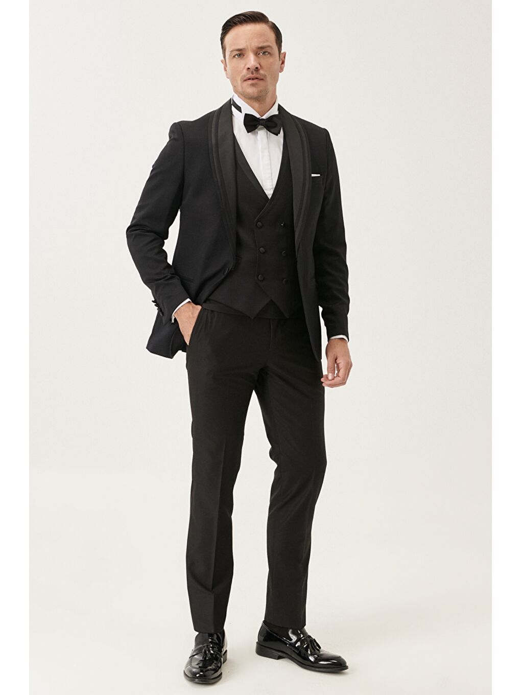 Erkek Siyah Slim Fit Dar Kesim Şal Yaka Desenli Yelekli Klasik Damatlık Smokin-4