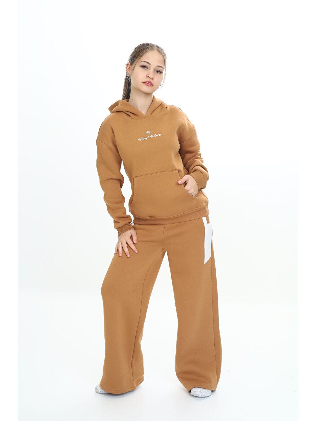 Kahverengi Kız Çocuk Kapüşonlu Eşofman Takım-1