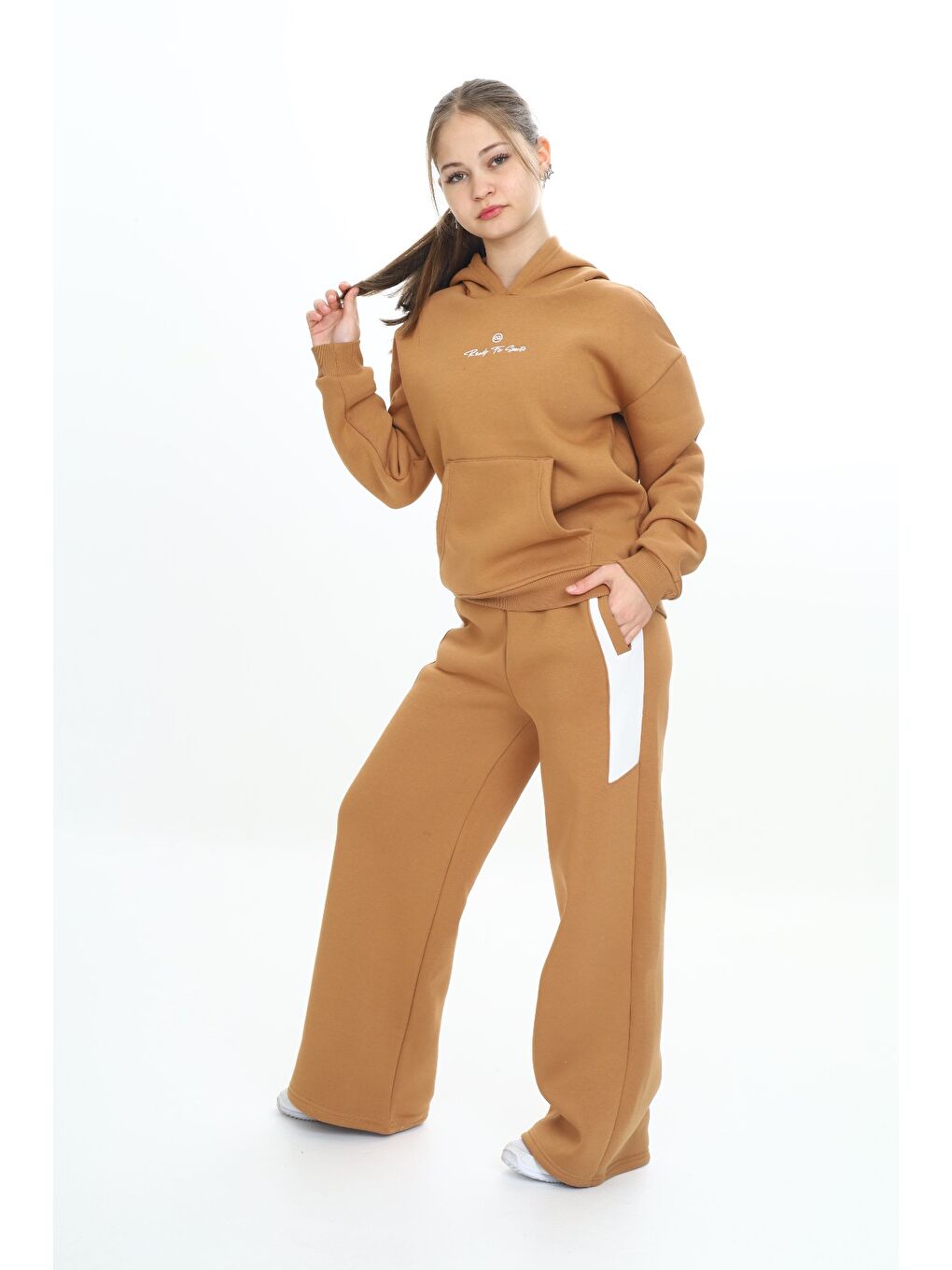 Kahverengi Kız Çocuk Kapüşonlu Eşofman Takım-2