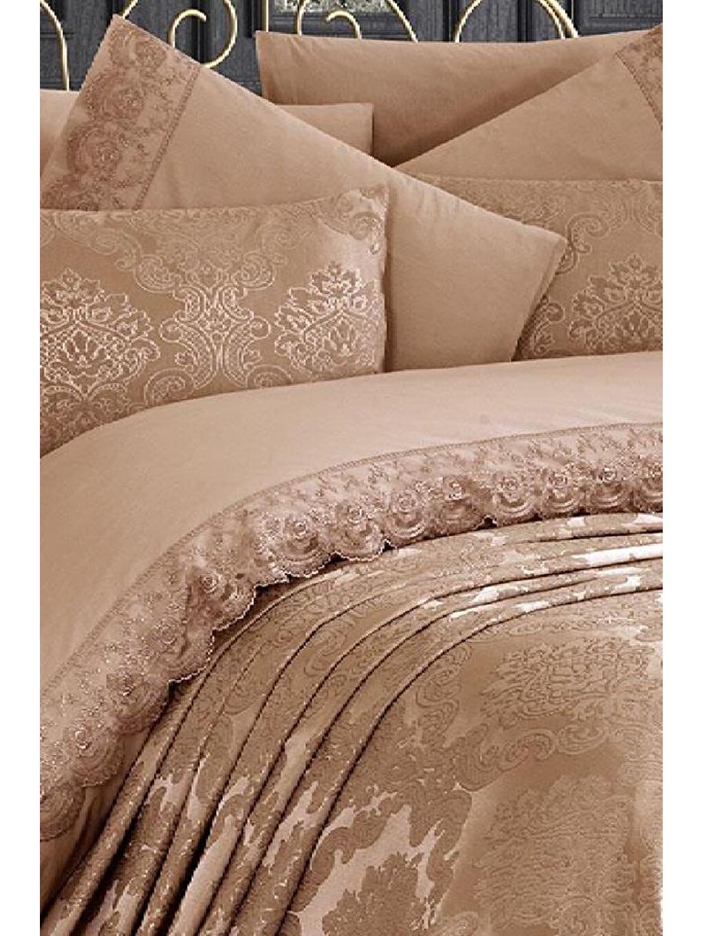 Kahverengi Fransız Dantelli Kure Gelin Seti 7 Parça Cappucino-2