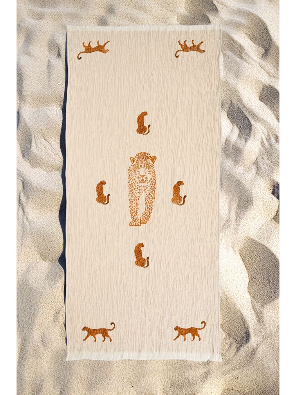 Ekru Organik %100 Pamuk Müslin Peştemal - Leopar-1