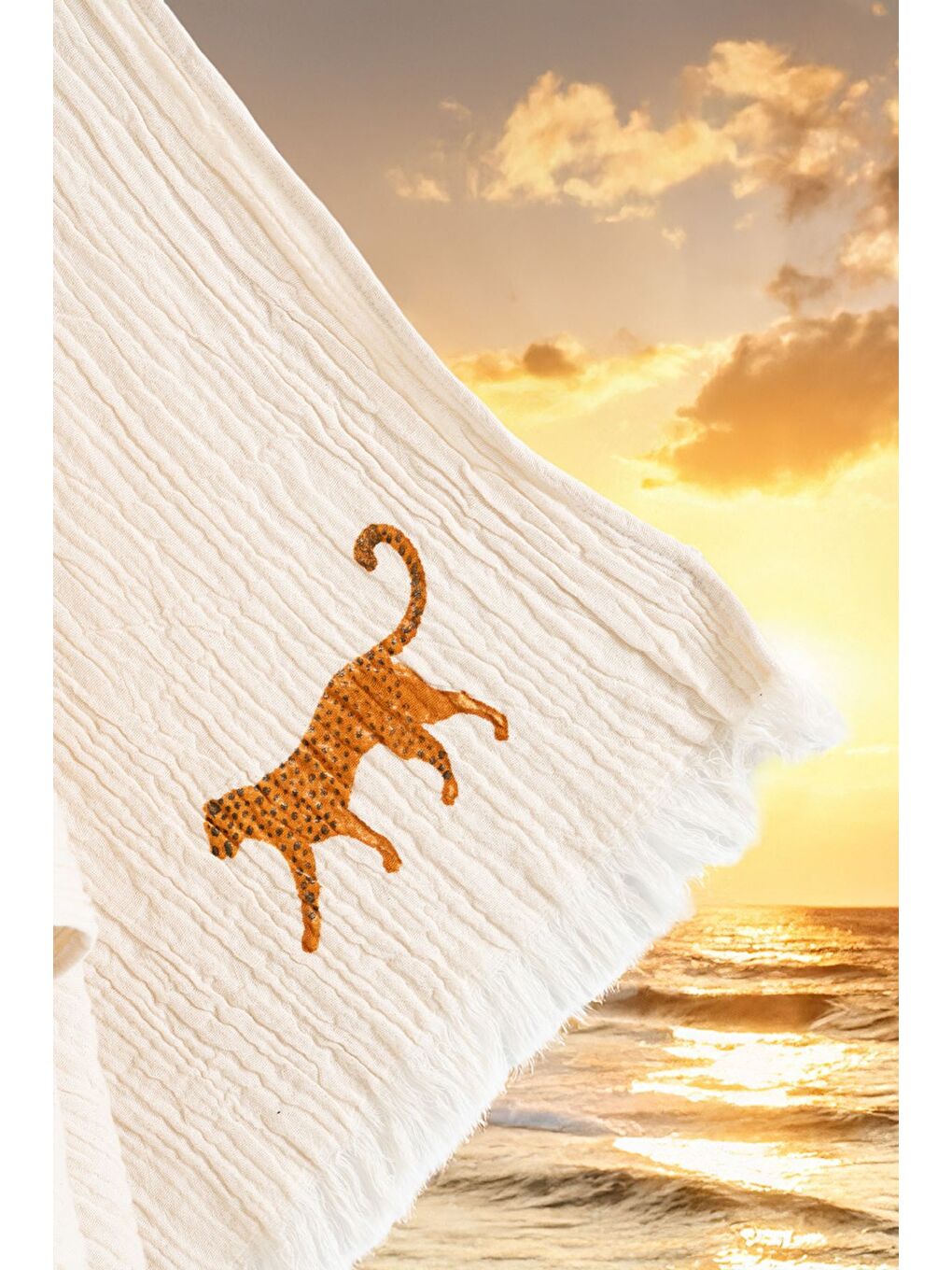 Ekru Organik %100 Pamuk Müslin Peştemal - Leopar-2