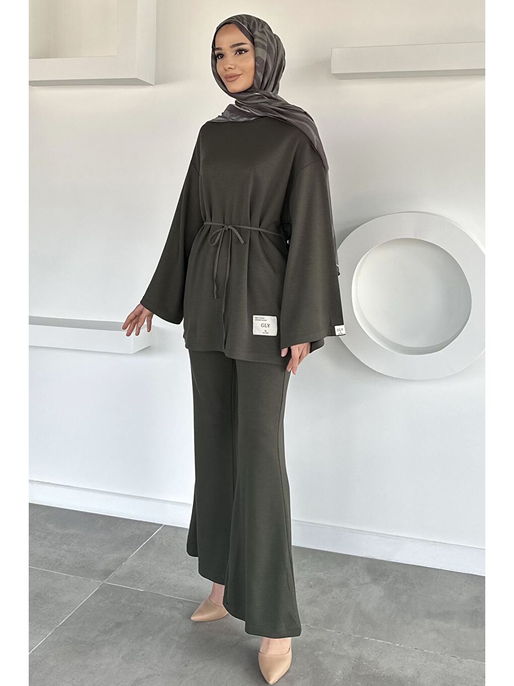 Haki Amblem Detaylı Tunik Bel Lastikli Pantolon Tesettür İkili Takım-1