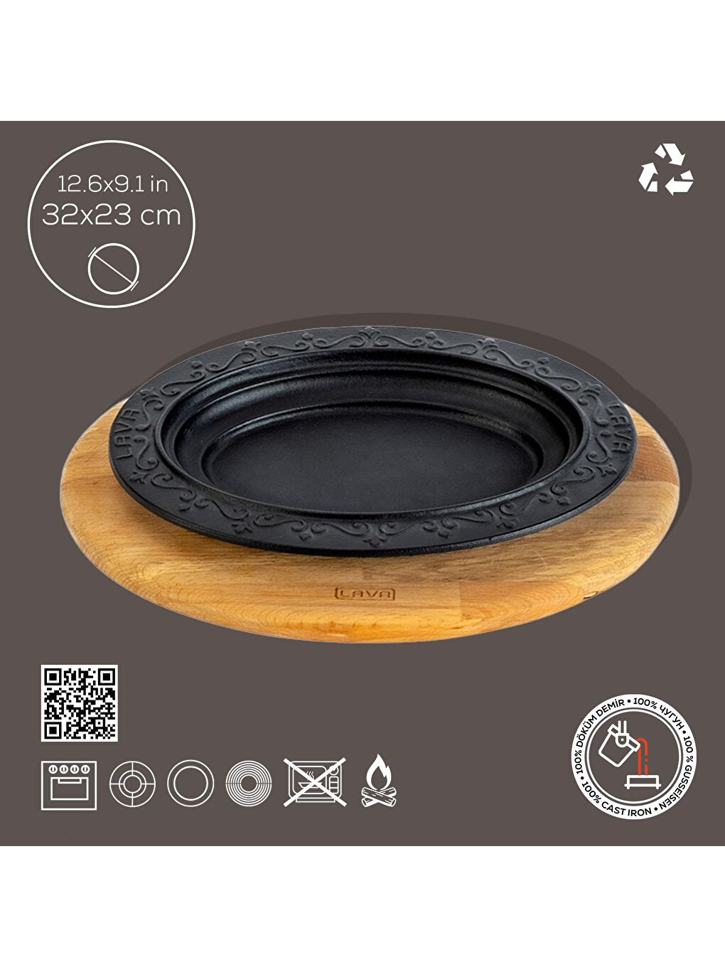 LAVA Siyah Oval Döner, Kebap Tabağı Kayın Servis Ahşabı. Ölçü 32x23cm. - 3