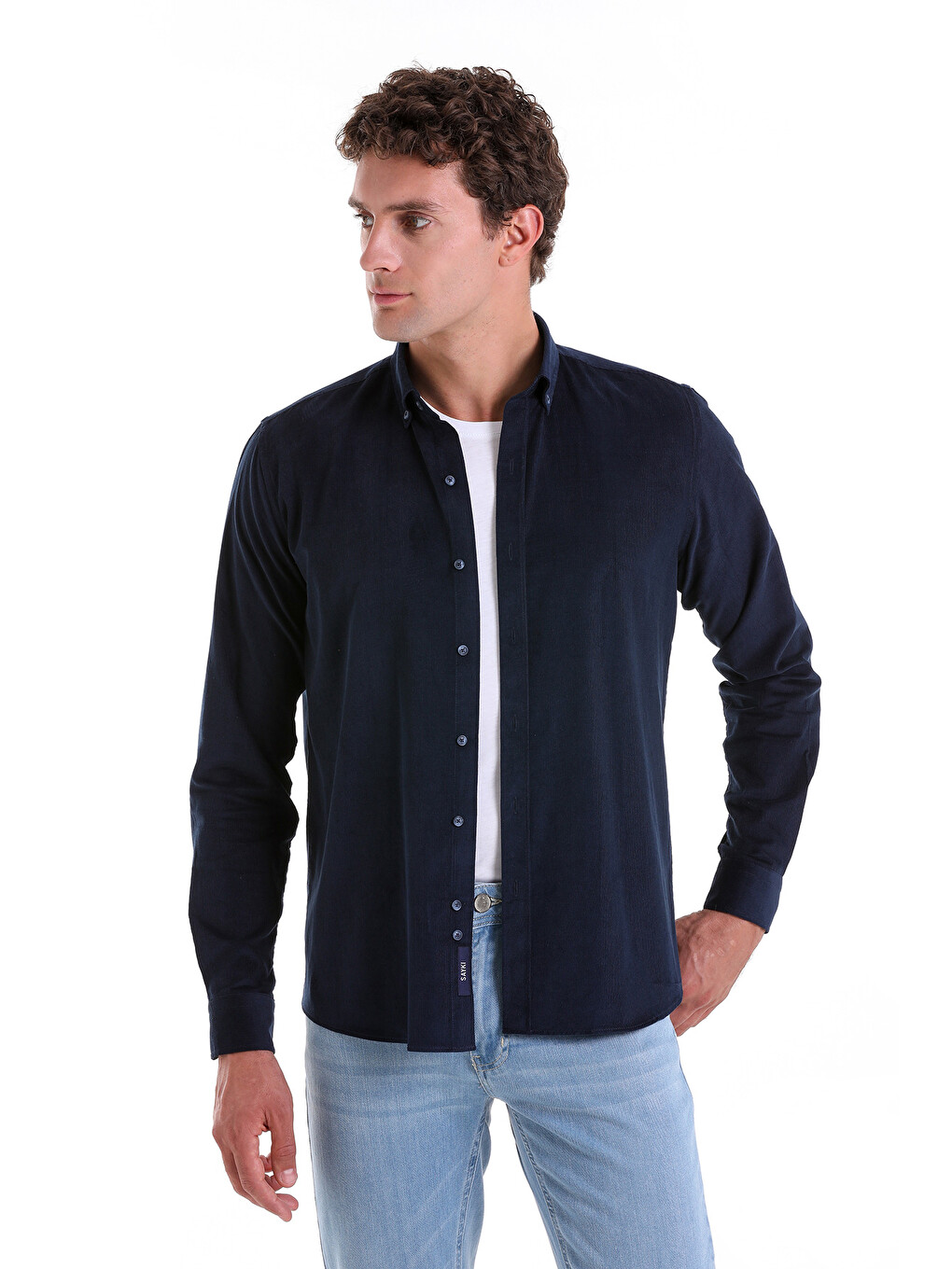 Lacivert Comfort Fit Uzun Kol Fitilli Kadife Gömlek