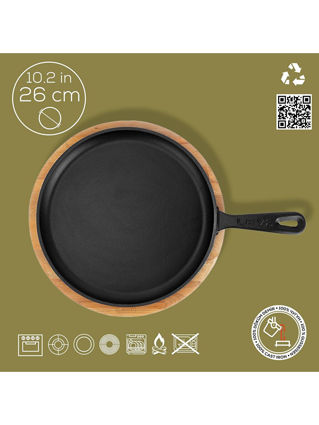 Siyah Yuvarlak Pizza Krep Pankek Tavası Döküm Demir Yekpare Saplı Kayın Servis Ahşabı Çap(Ø)26cm.-3