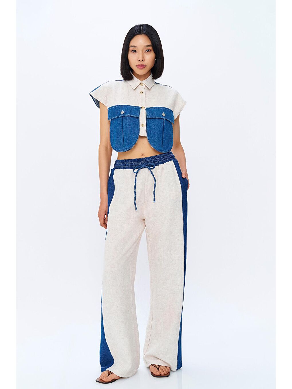 Bej Match Detaylı Beli Lastikli Keten Pantolon Naturel