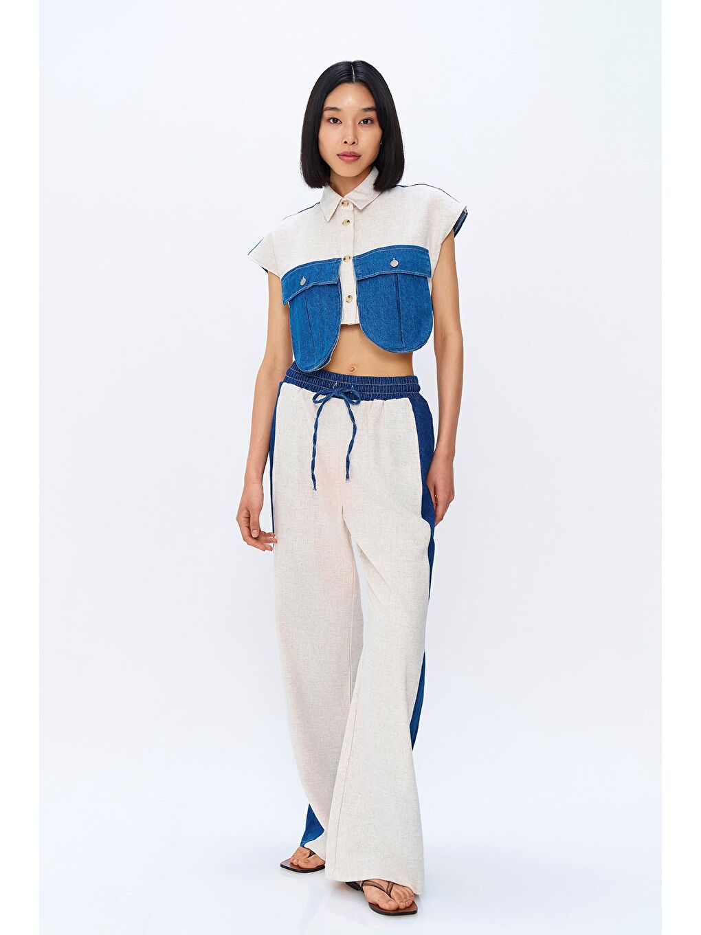 Bej Match Detaylı Beli Lastikli Keten Pantolon Naturel-1