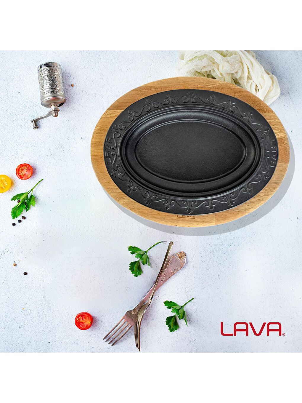 LAVA Siyah Oval Döner, Kebap Tabağı Kayın Servis Ahşabı. Ölçü 32x23cm. - 6