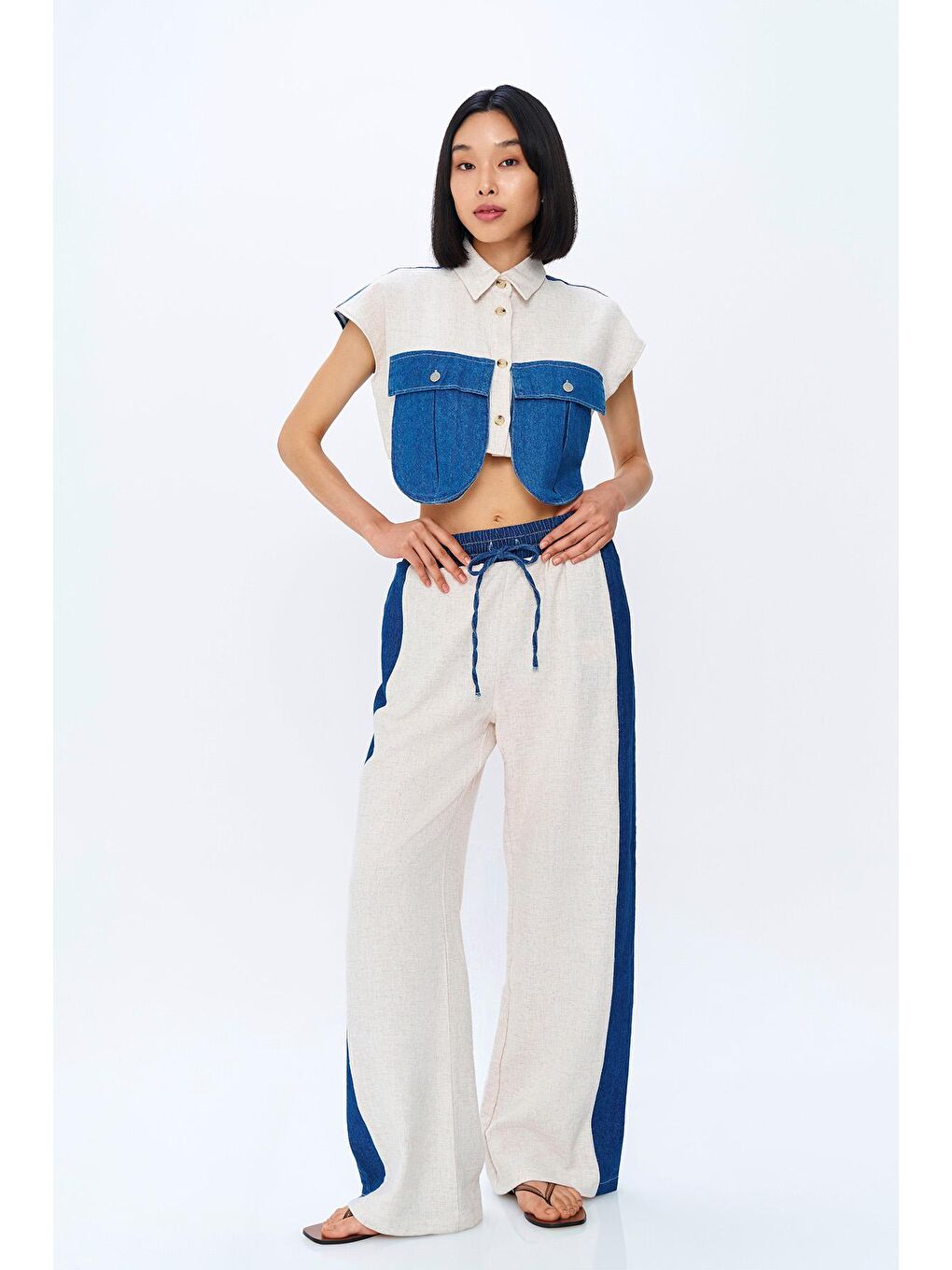 Bej Match Detaylı Beli Lastikli Keten Pantolon Naturel-2