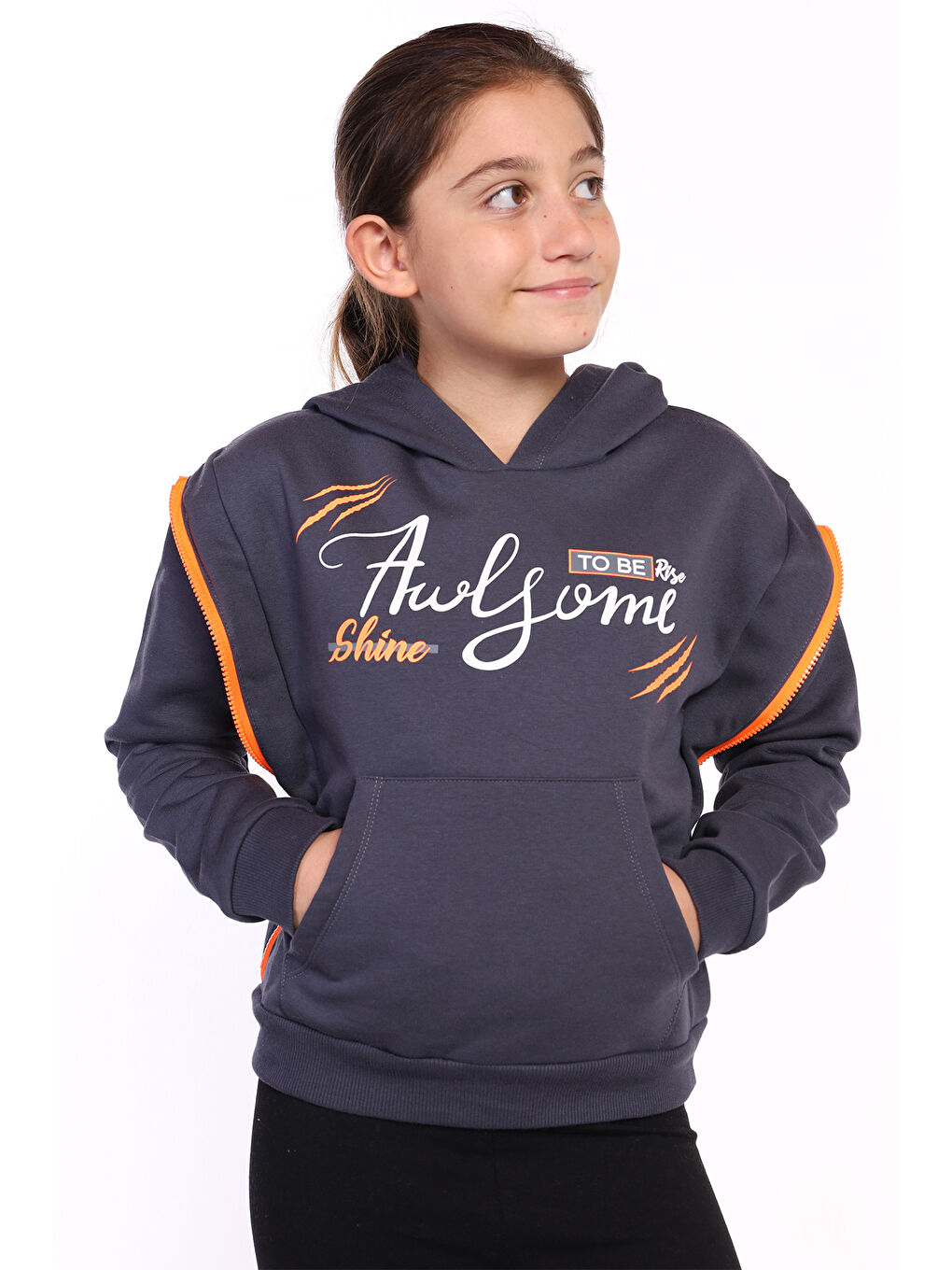 Toontoykids Gri Kız Çocuk Baskılı Kanguru Cepli Sweatshirt