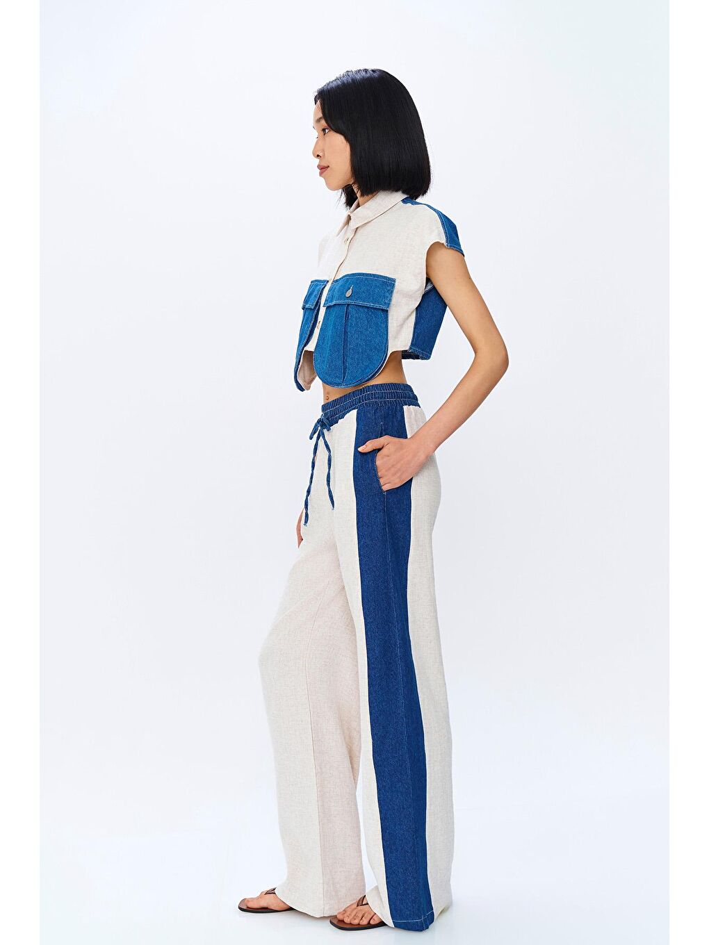 Bej Match Detaylı Beli Lastikli Keten Pantolon Naturel-3