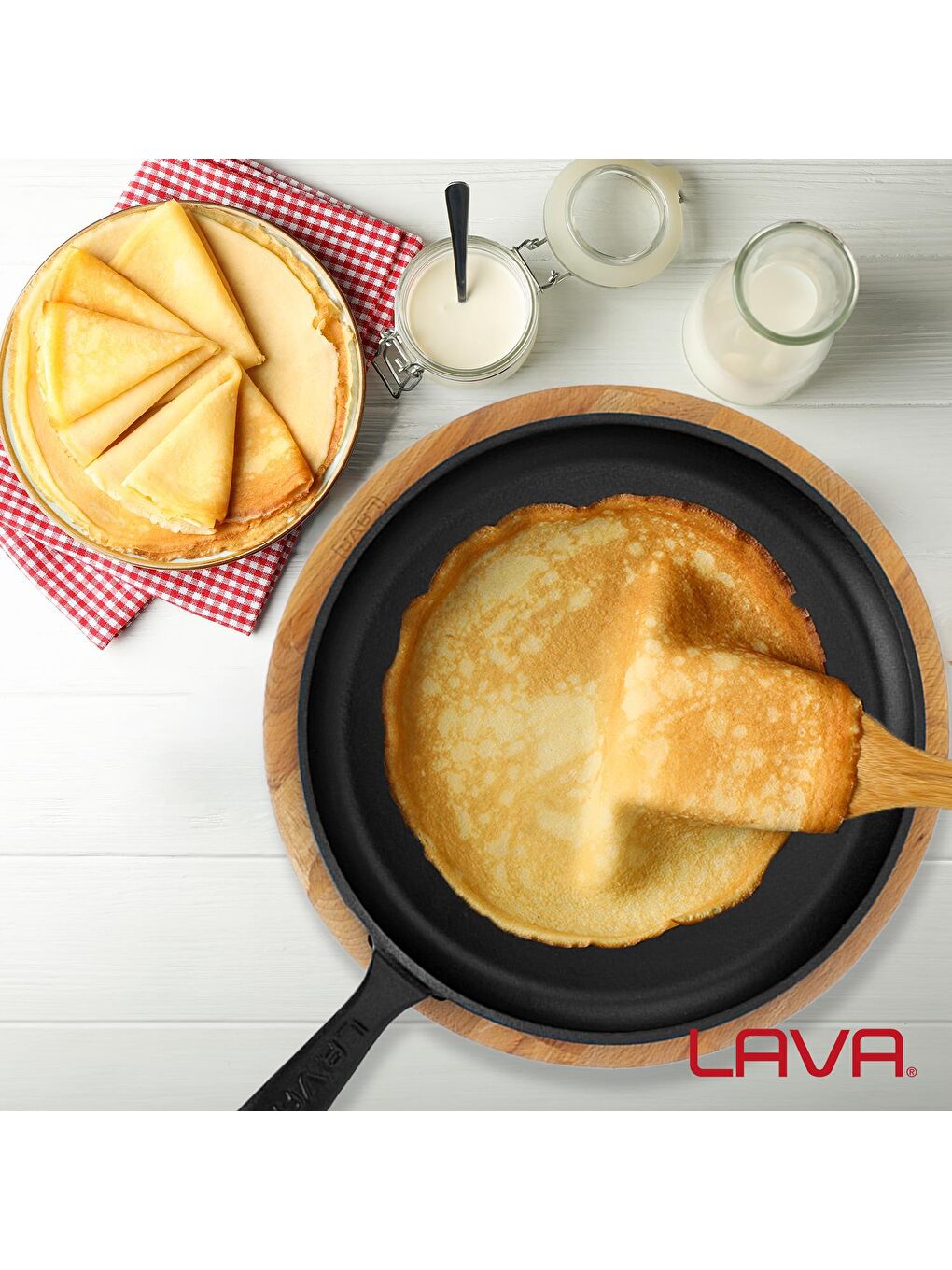 Siyah Yuvarlak Pizza Krep Pankek Tavası Döküm Demir Yekpare Saplı Kayın Servis Ahşabı Çap(Ø)26cm.-6