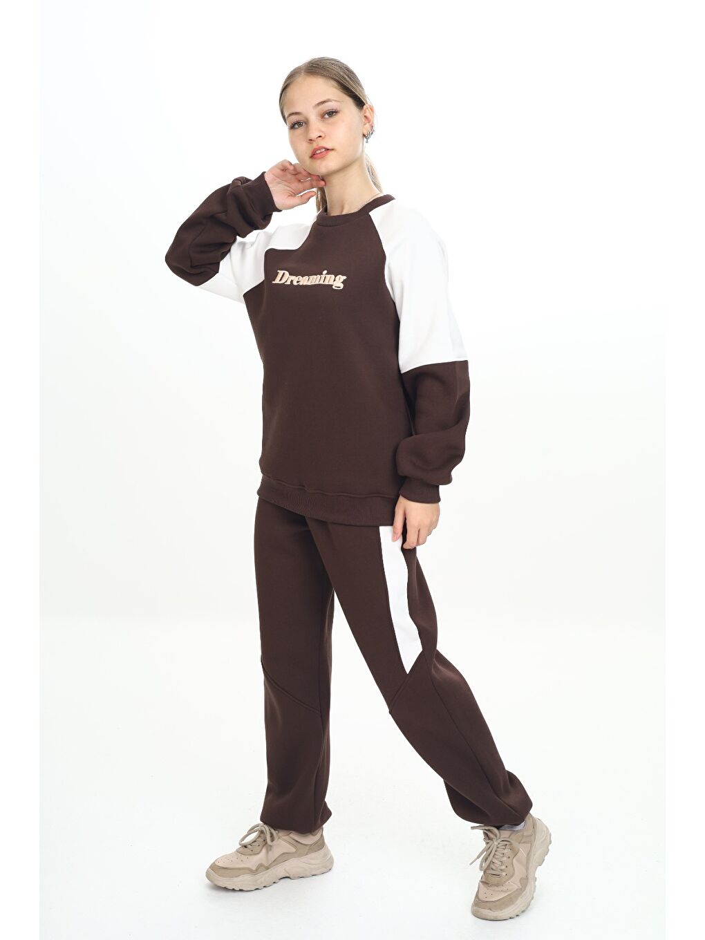 Kahverengi Kız Çocuk Nakışlı Eşofman Takım-1