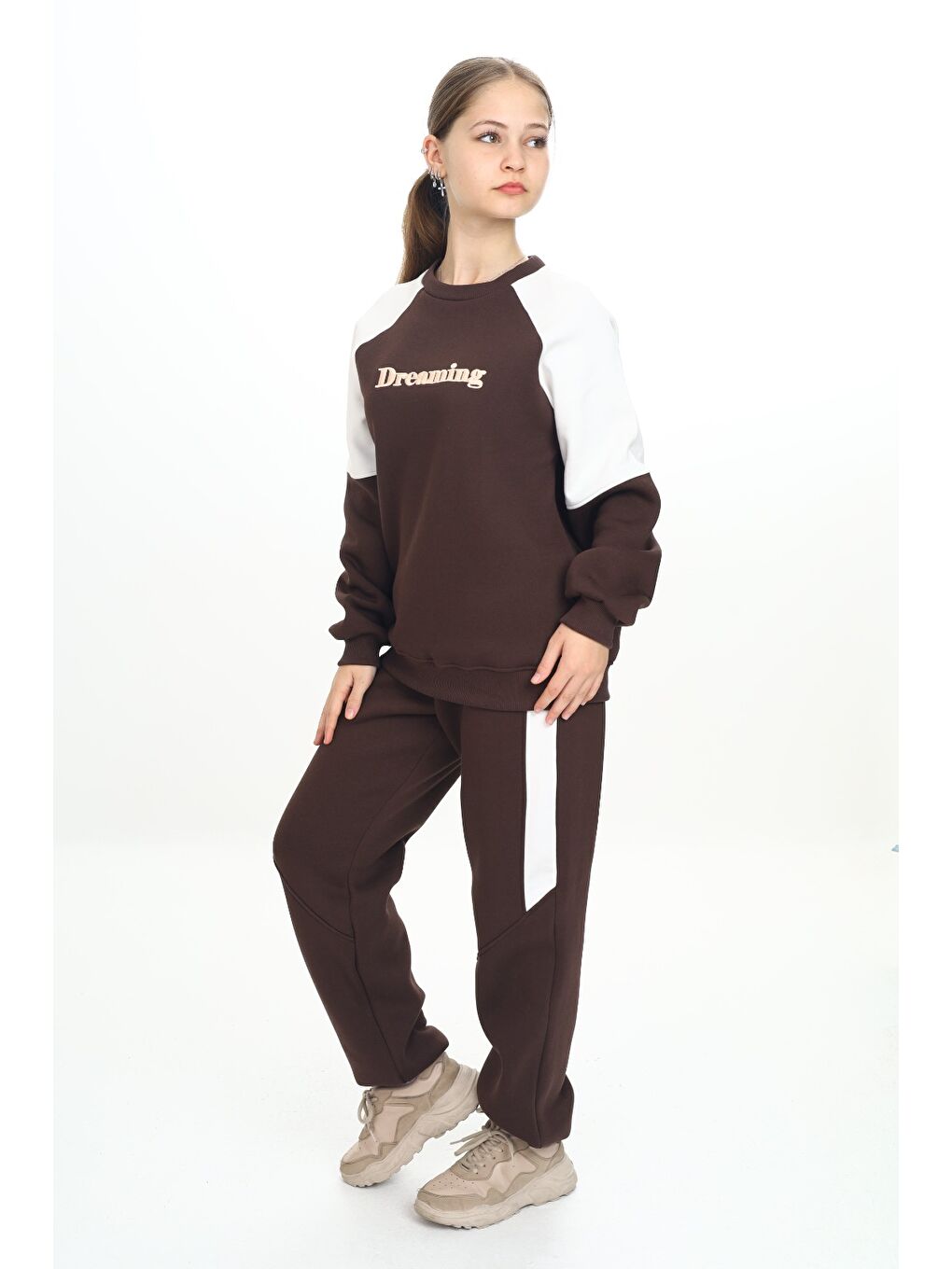 Kahverengi Kız Çocuk Nakışlı Eşofman Takım-4