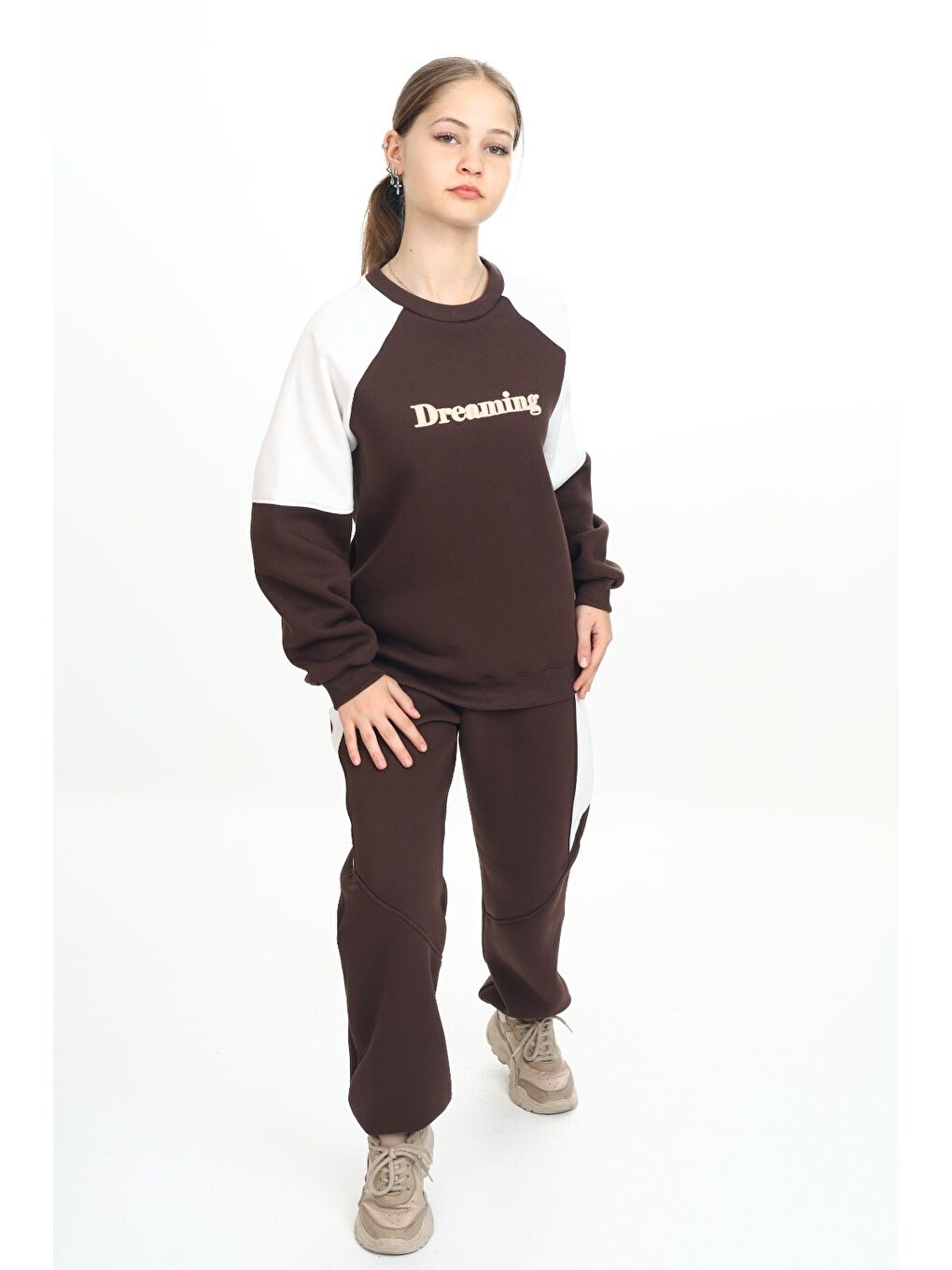 Kahverengi Kız Çocuk Nakışlı Eşofman Takım-5