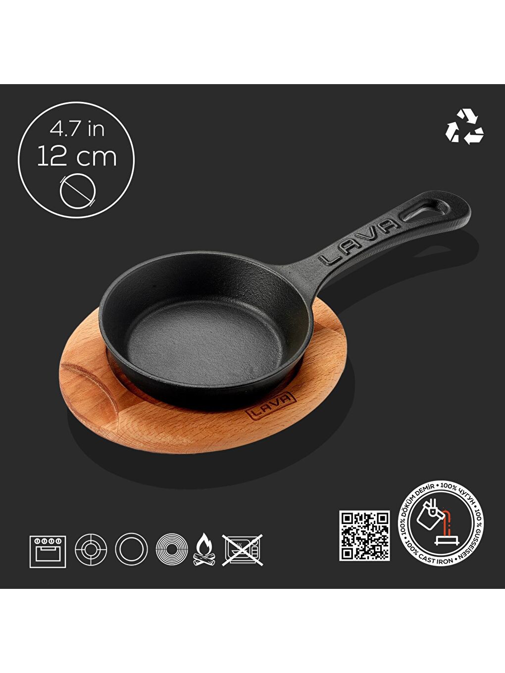 Siyah Yuvarlak Kızartma Tavası Yekpare Saplı Kayın Servis Ahşabı. Çap(Ø)12cm.-3