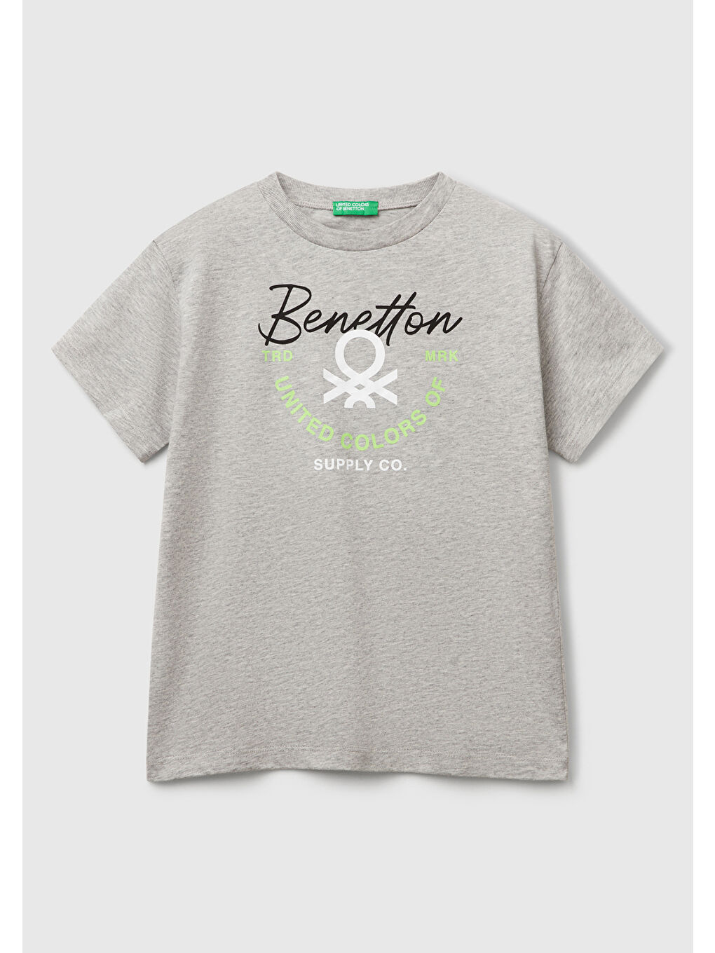 Erkek Çocuk Gri Melanj Benetton Logo Baskılı T-Shirt