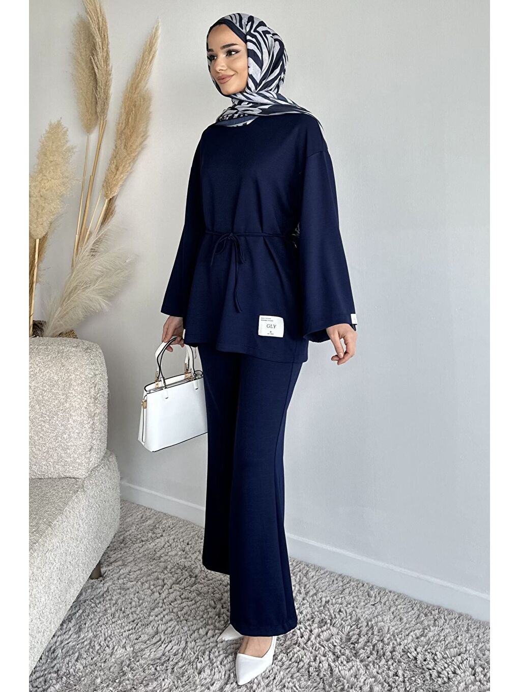 Lacivert Amblem Detaylı Tunik Bel Lastikli Pantolon Tesettür İkili Takım-3