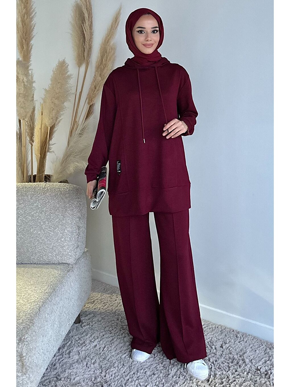 Bordo Kapüşonlu Tunik Pantolon Tesettür İkili Takım