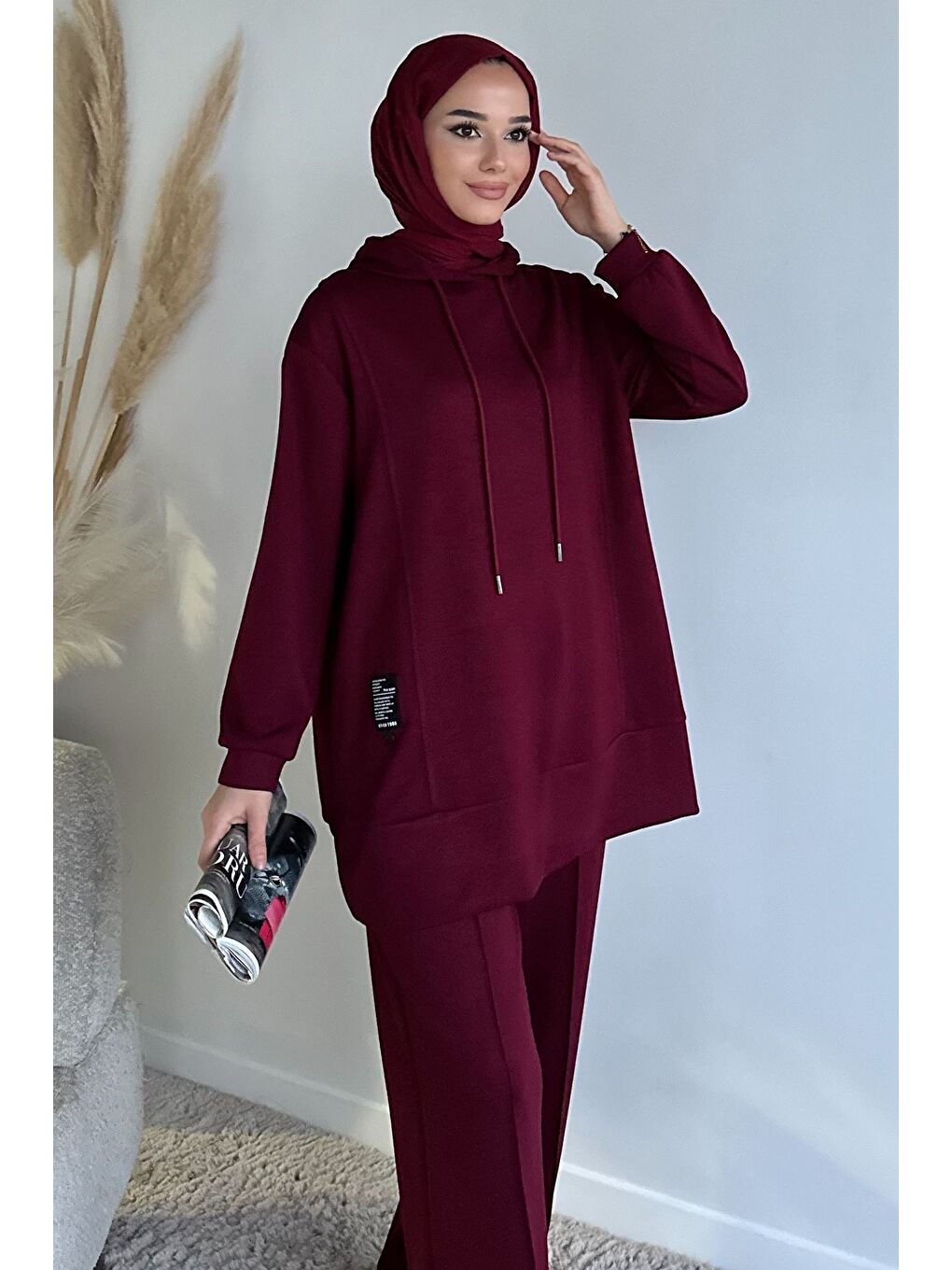 Bordo Kapüşonlu Tunik Pantolon Tesettür İkili Takım-3