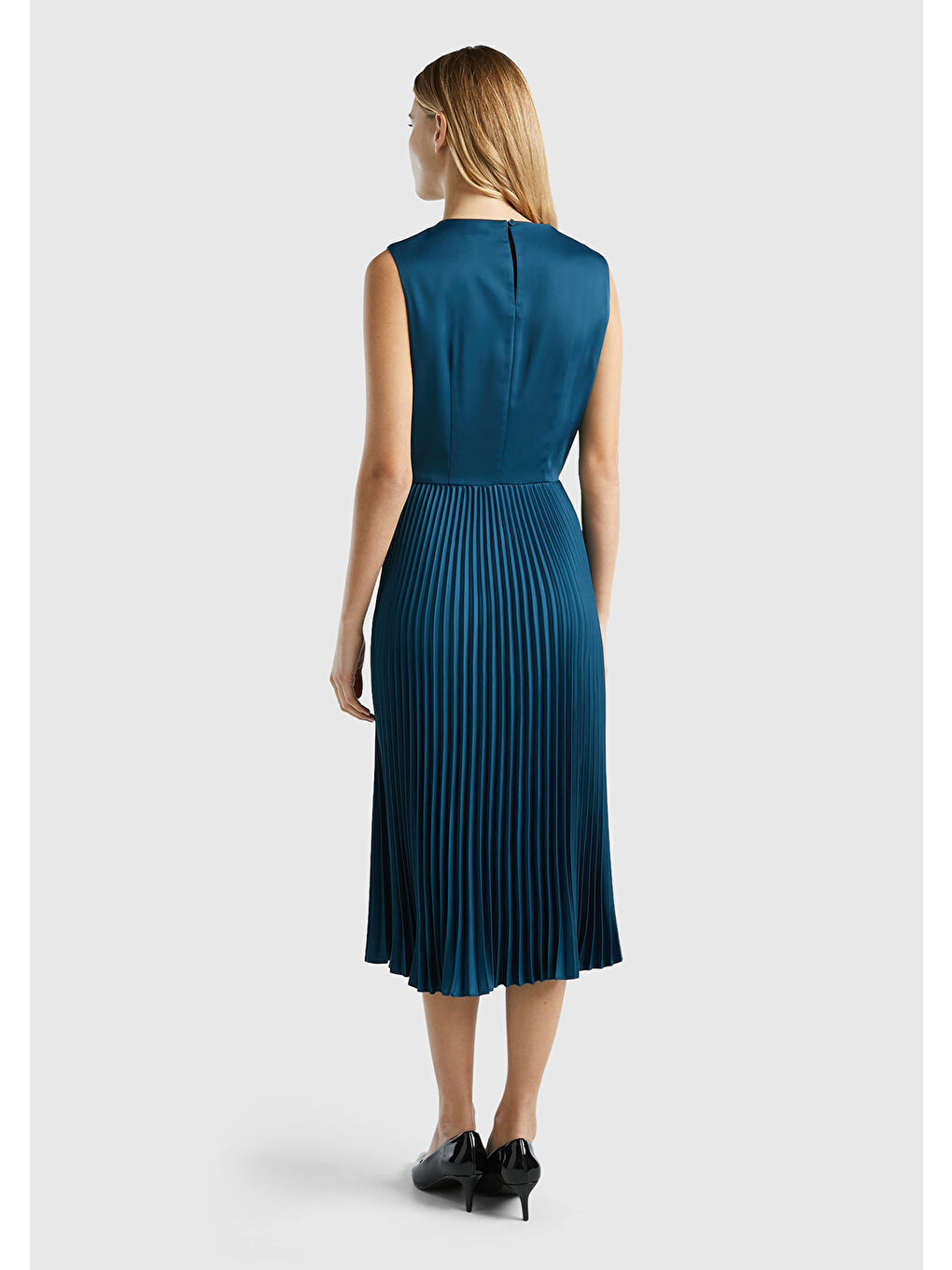 Kadın Petrol Mavisi Önü Detaylı Sıfır Kol Bisiklet Yaka Uzun Elbise-2