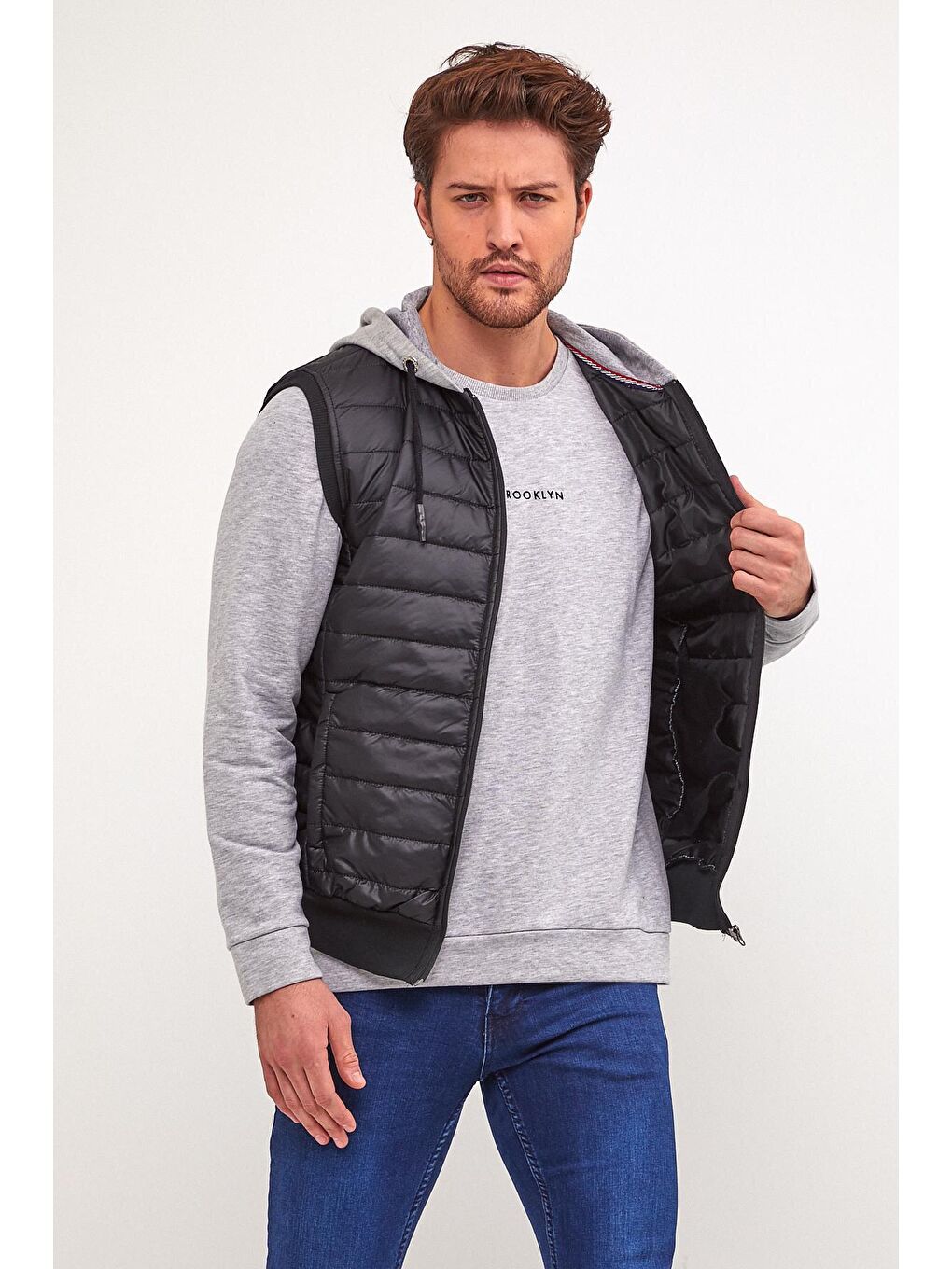 Siyah Erkek Kapüşonlu Slim Fit Kapitone Yelek SPR22YK190-2