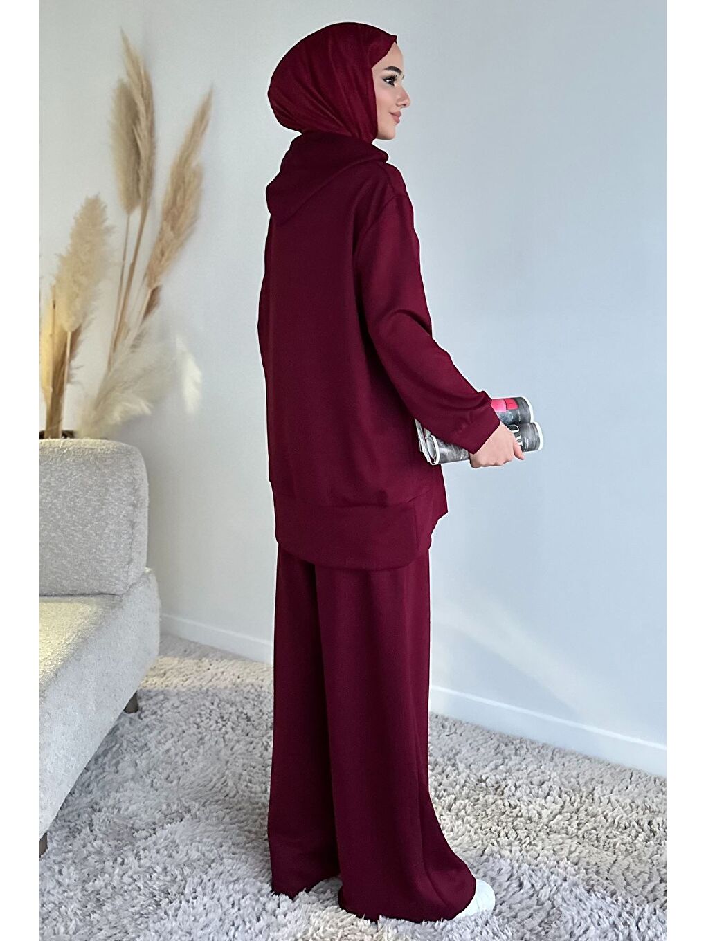 Bordo Kapüşonlu Tunik Pantolon Tesettür İkili Takım-5