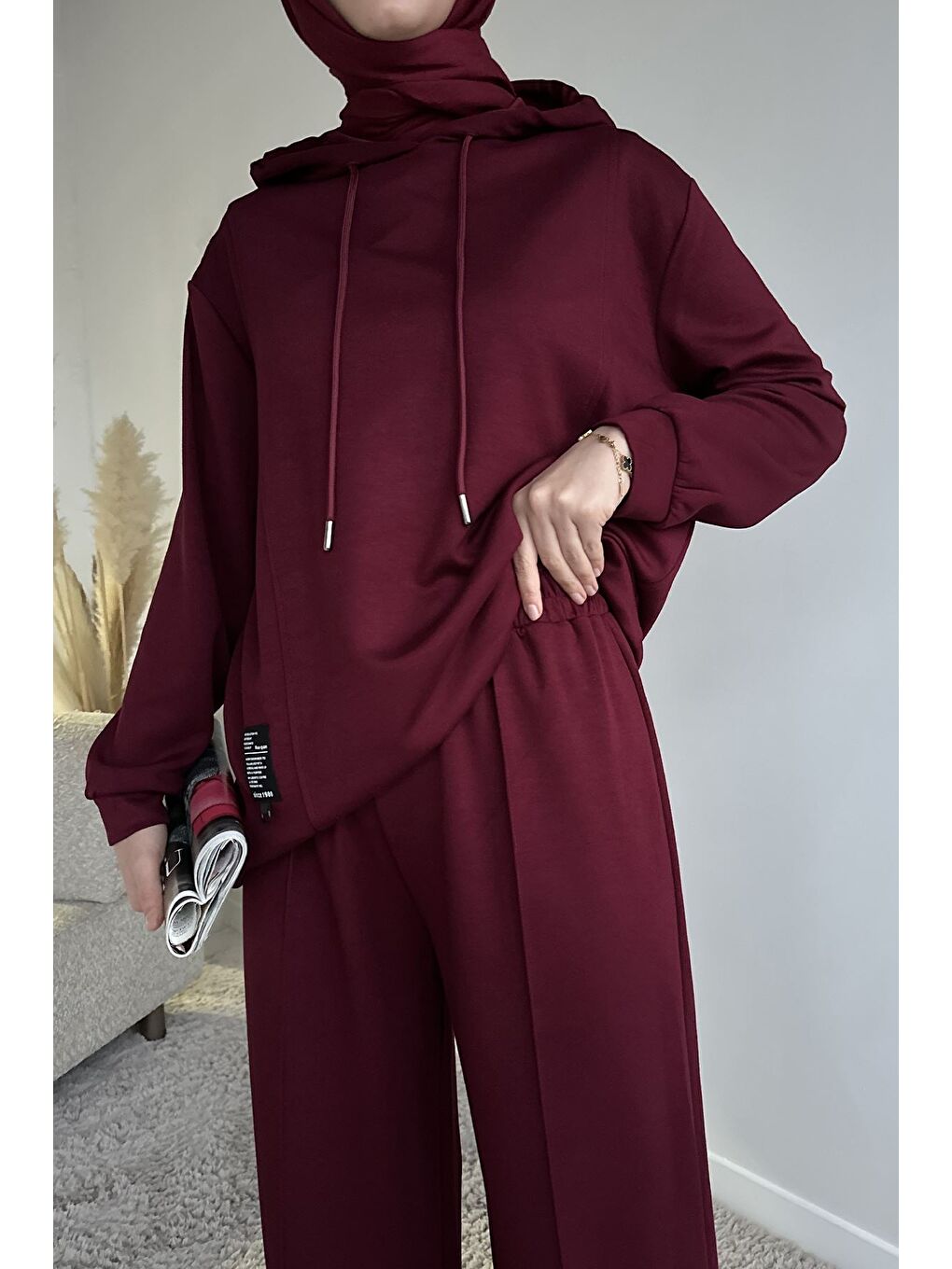 Bordo Kapüşonlu Tunik Pantolon Tesettür İkili Takım-6