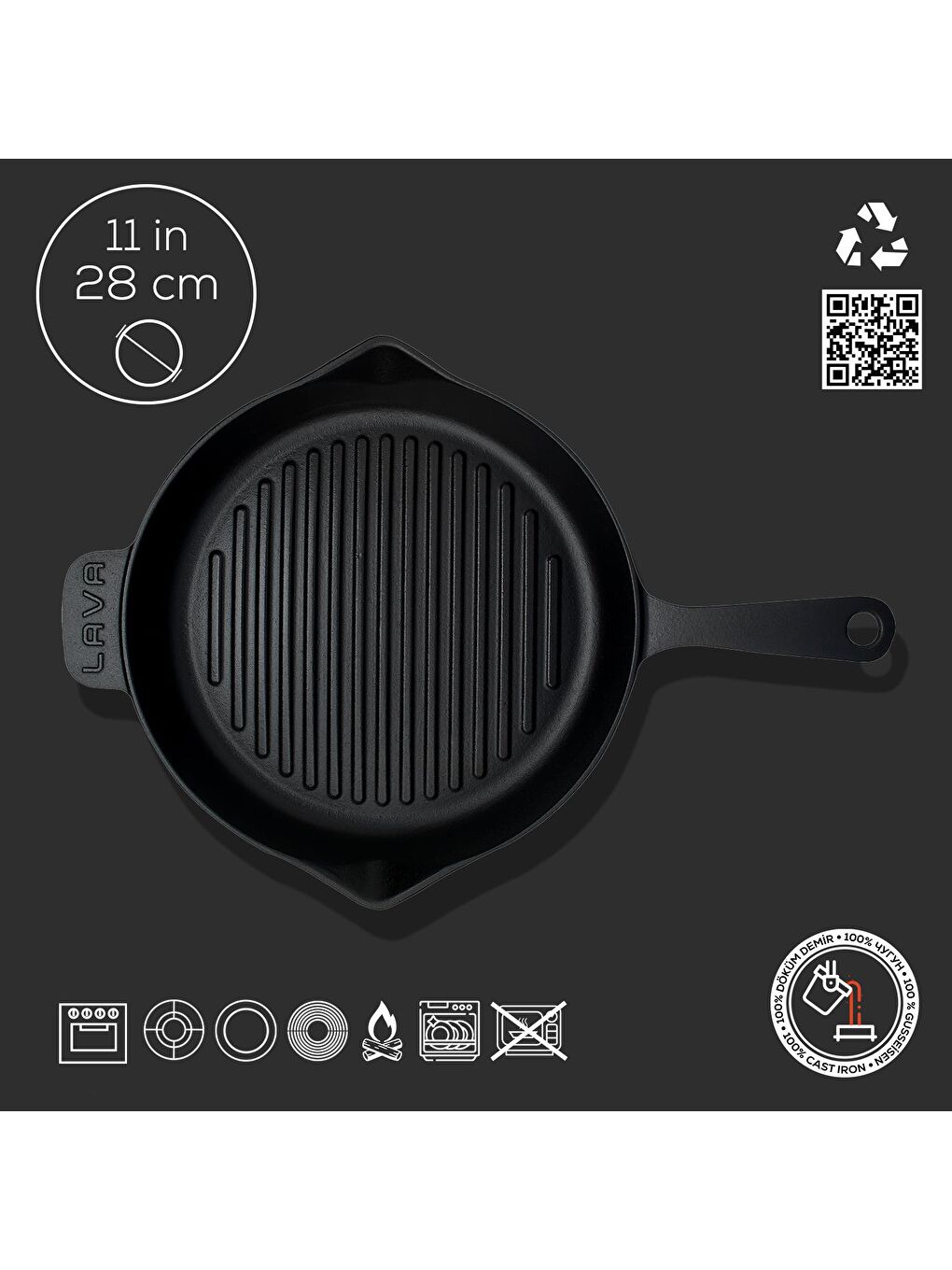 Siyah Yuvarlak Izgara Tava Döküm Demir Yekpare Saplı Konkav Taban 12mm. Çap(Ø)28cm.-3