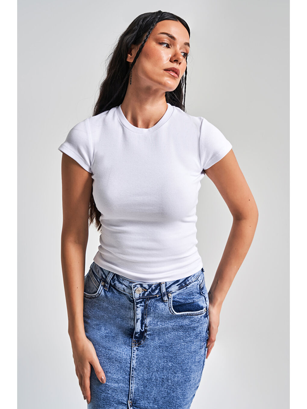 Kadın Beyaz Renk s5-2 Süper Esnek Kumaş %100 Pamuk Bisiklet Yaka Basic Body