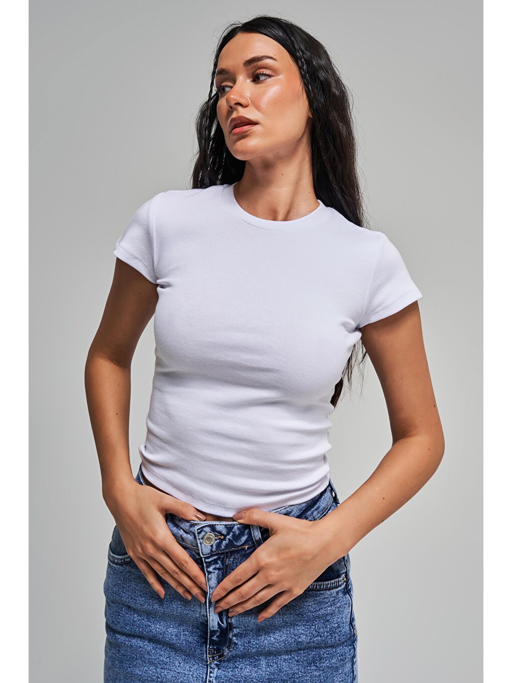 Kadın Beyaz Renk s5-2 Süper Esnek Kumaş %100 Pamuk Bisiklet Yaka Basic Body-1