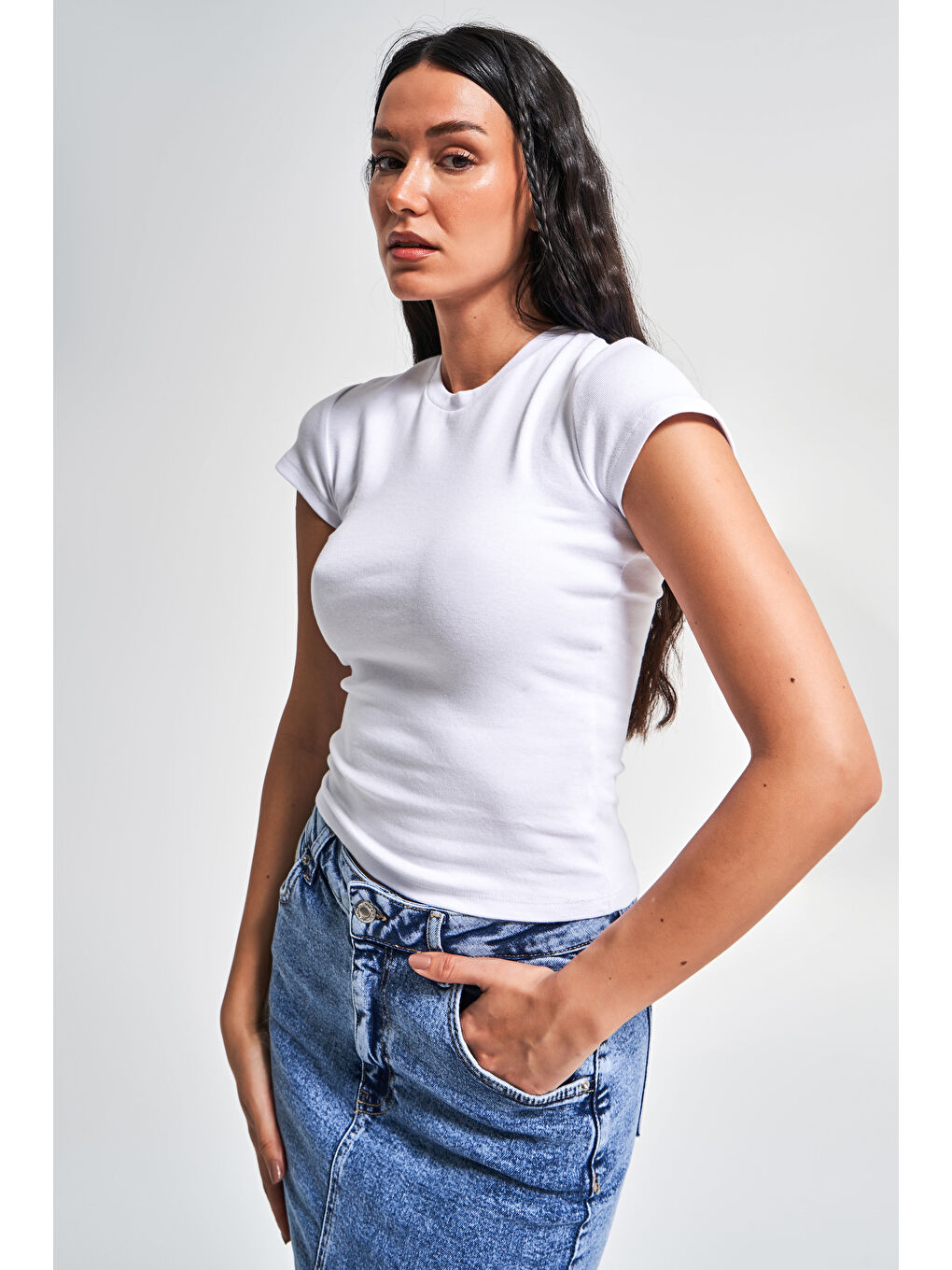 Kadın Beyaz Renk s5-2 Süper Esnek Kumaş %100 Pamuk Bisiklet Yaka Basic Body-4