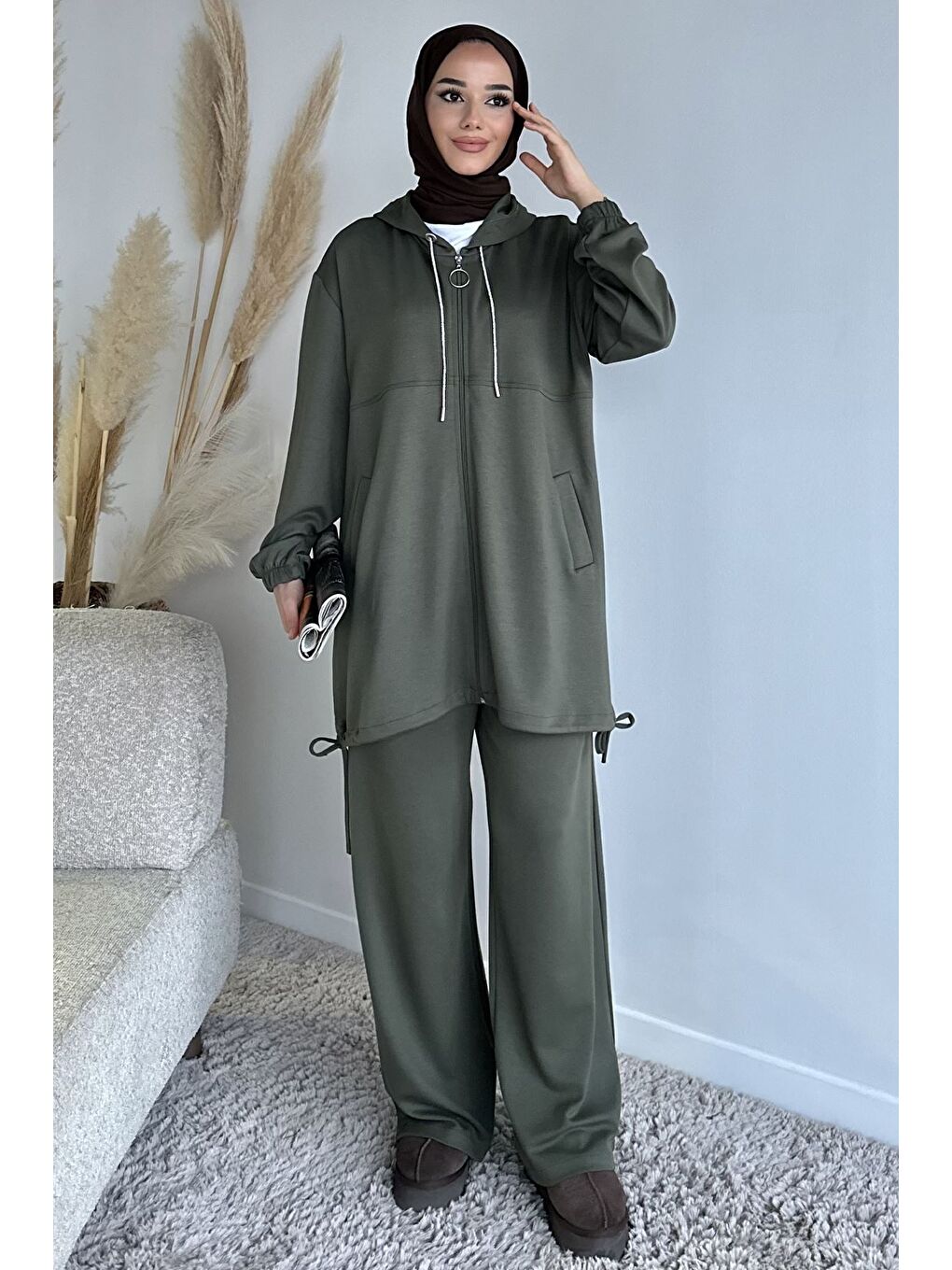 Haki Ön Fermuarlı Kapüşonlu Tunik Bel Lastikli Pantolon Tesettür İkili Takım-1