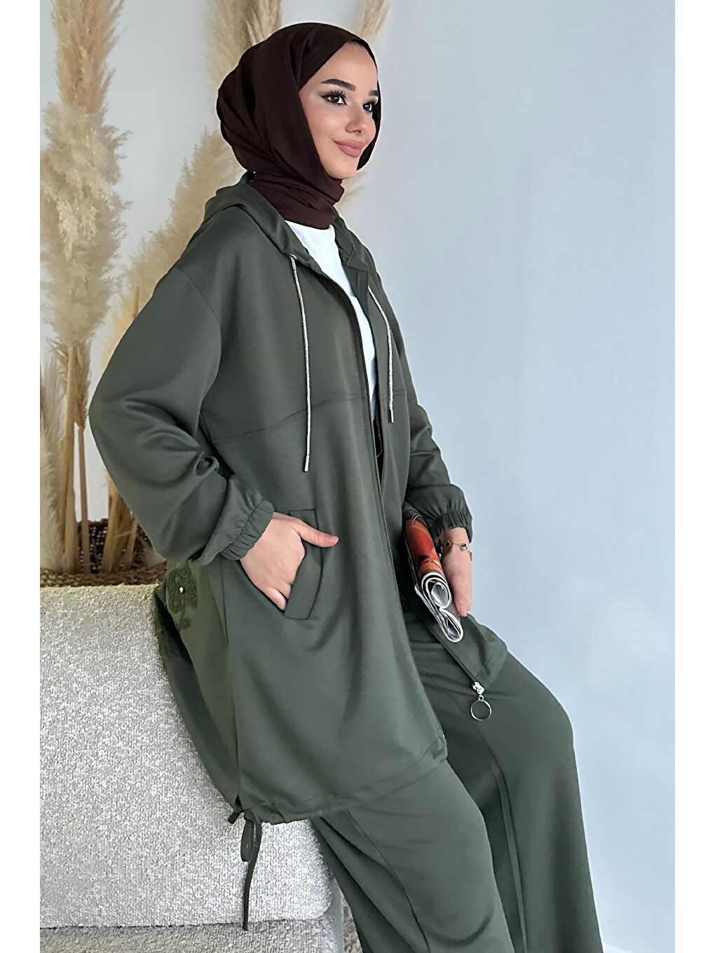 Haki Ön Fermuarlı Kapüşonlu Tunik Bel Lastikli Pantolon Tesettür İkili Takım-2