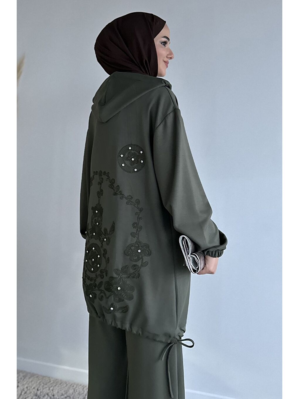 Haki Ön Fermuarlı Kapüşonlu Tunik Bel Lastikli Pantolon Tesettür İkili Takım-5